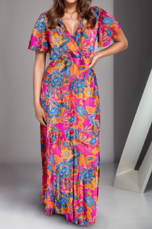 Winlyn Printed Surplice Short Sleeve Maxi Dress