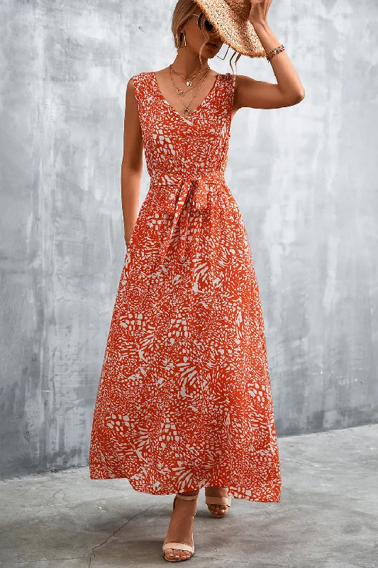 Serenity Printed V-Neck Tie Waist Maxi Dress