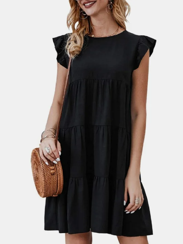 Emilia Ruffled Round Neck Cap Sleeve Mini Dress