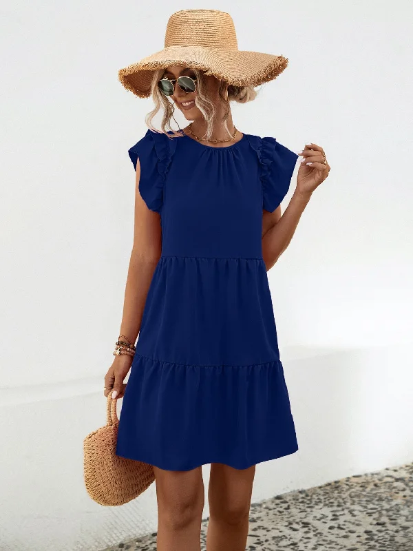 Amanda Ruffled Round Neck Cap Sleeve Mini Dress