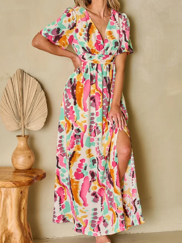 Misti Slit Printed Surplice Short Sleeve Maxi Dress