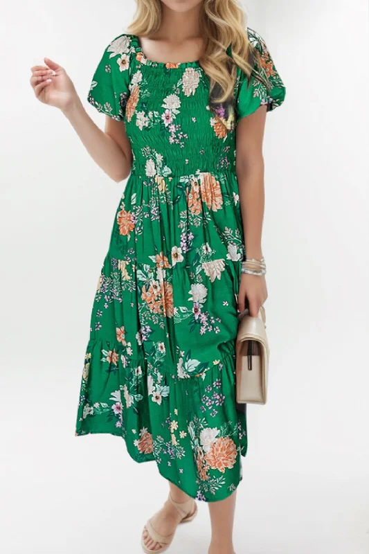 Ginny Smocked Printed Puff Sleeve Midi Dress