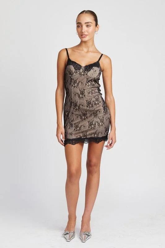 Black Spaghetti Strap Mini Lace Dress