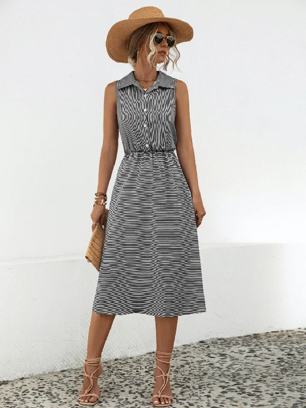 Michelle Striped Collared Neck Sleeveless Midi Dress