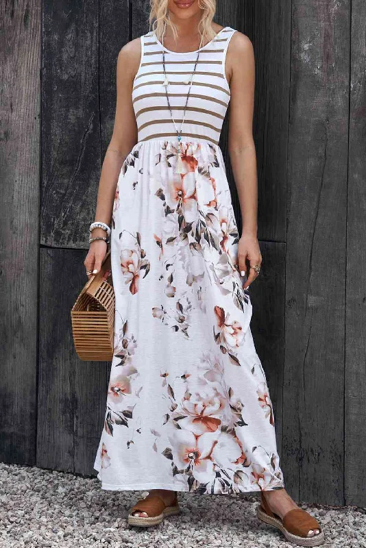 Rosie Striped Floral Round Neck Sleeveless Maxi Dress