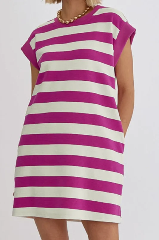 Brady Striped Round Neck Cap Sleeve Dress