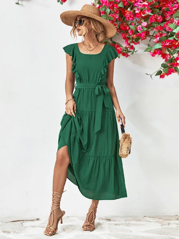 Hadlee Tie Belt Ruffled Tiered Dress