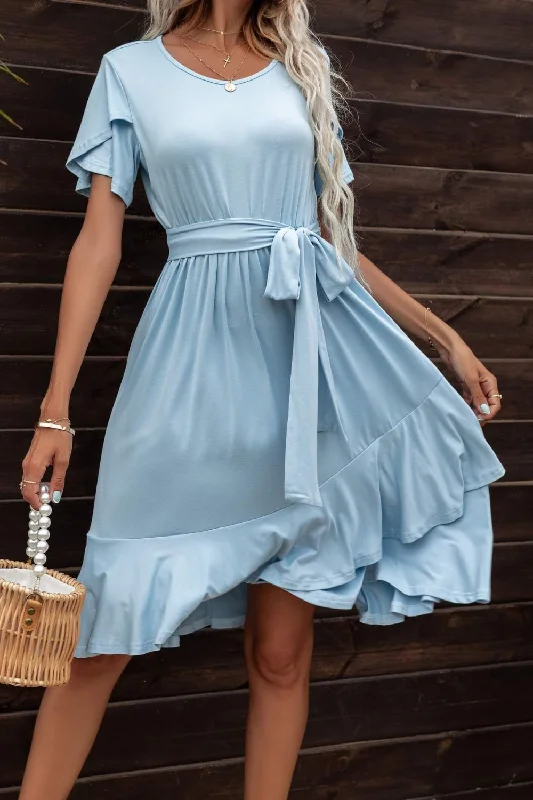 Sylvie Tie Waist Petal Sleeve Ruffle Hem Dress