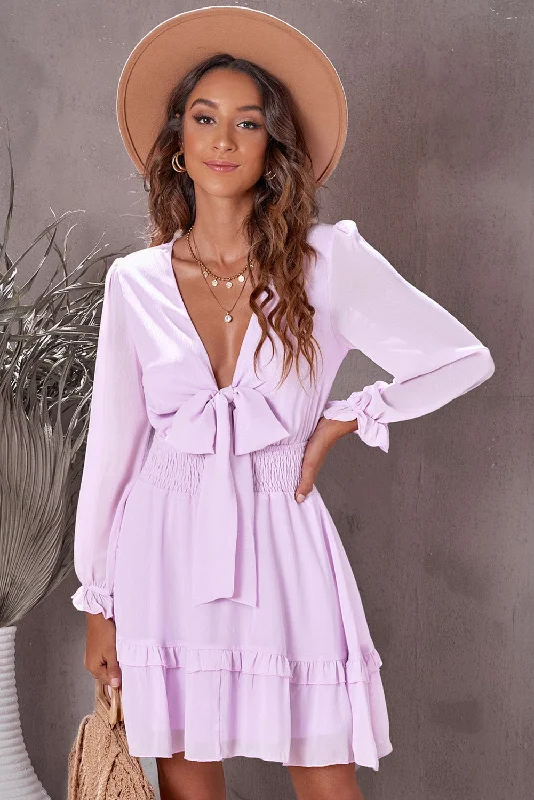 Tayla Tied Plunge Smocked Waist Flounce Sleeve Dress