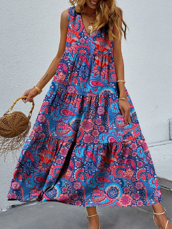 Corrine Tiered Printed V-Neck Sleeveless Dress