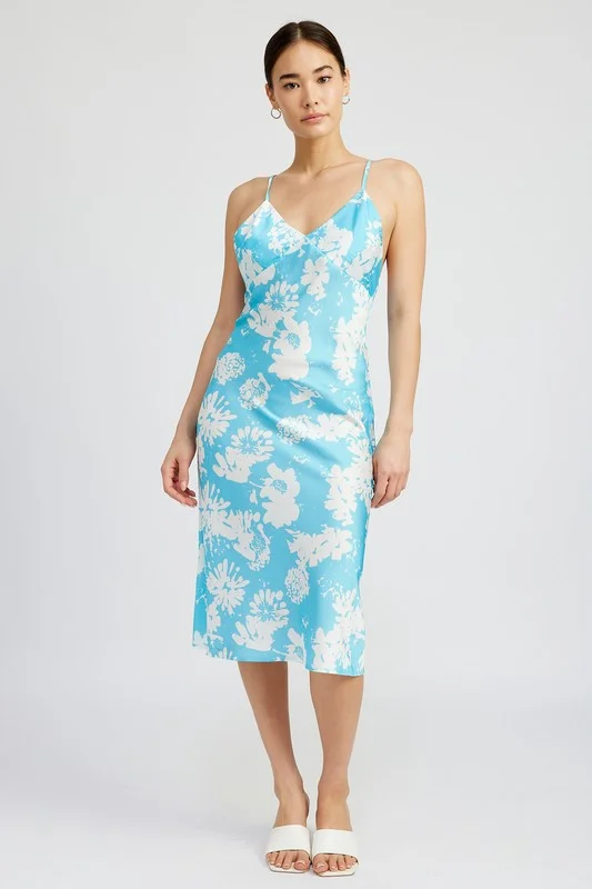 Turquoise V-Neck Floral Dress with Open Back