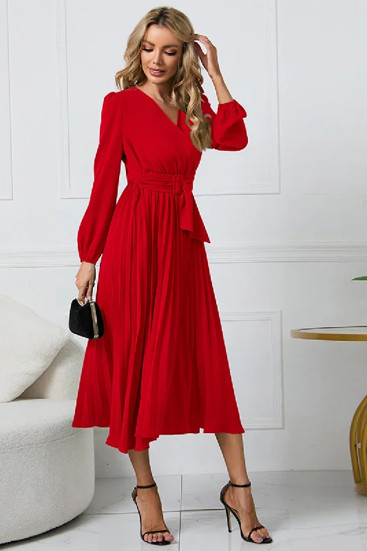 Lila V-Neck Long Sleeve Tie Waist Midi Dress